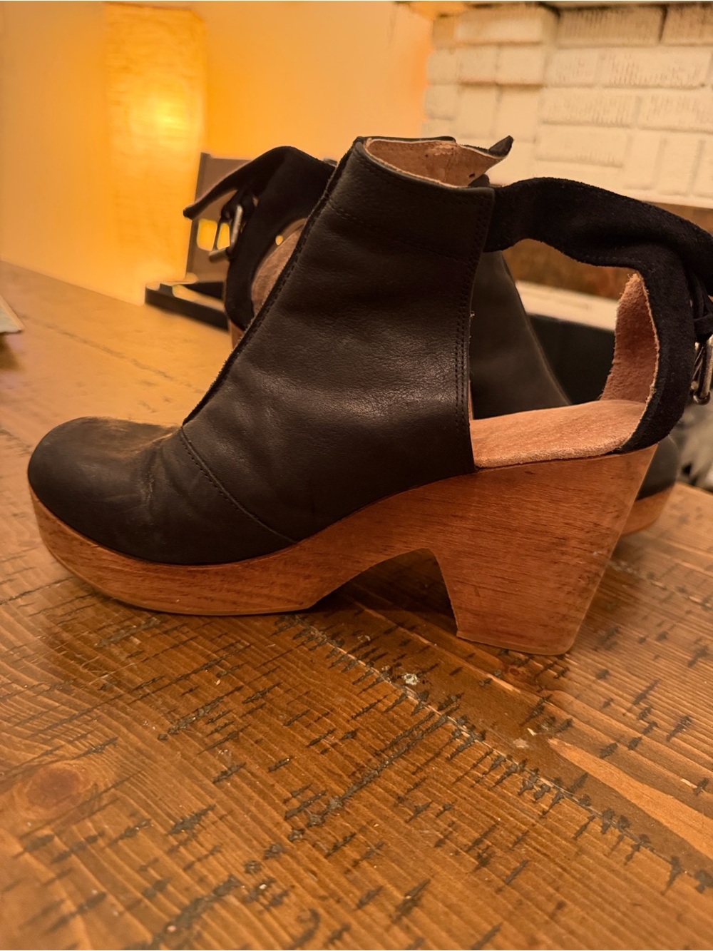 Black Leather Open-Back Platform Heel Clog